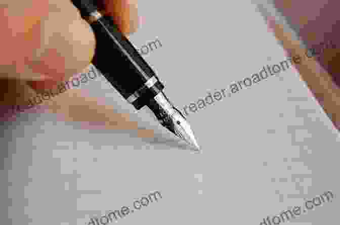 A Hand Holding A Fountain Pen And Writing On A Piece Of Paper, The Book Handwriting Manual Is Visible In The Background A Handwriting Manual