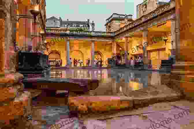 A Panoramic View Of The Roman Baths In Bath, England, Showcasing The Great Bath, Temple Of Sulis Minerva, And Surrounding Buildings. The Story Of Roman Bath