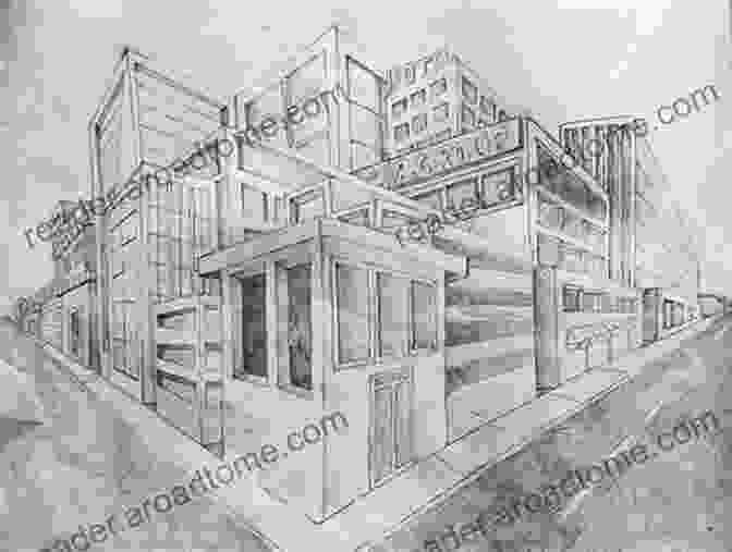 Drawing Of A Cityscape Demonstrating The Principles Of Two Point Perspective, Creating The Illusion Of Depth And Distance. Designing Car Interiors: Volume 1 Looking Back And Sketch Techniques